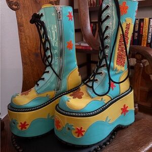 Dolls Kill Blue and Yellow Floral Platform Boots